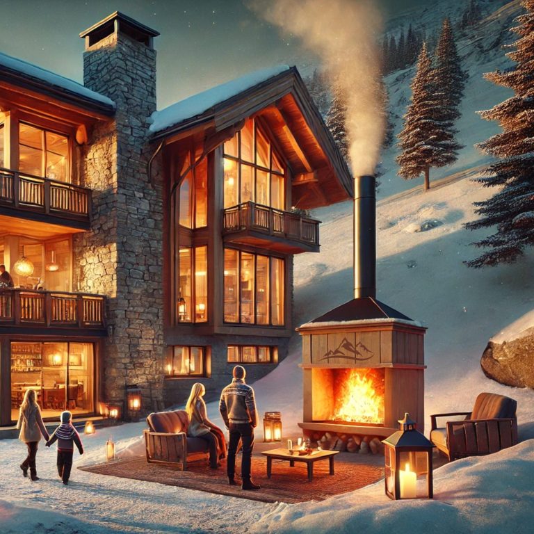 Chalet enneigé avec famille près d'un feu extérieur et montagnes en arrière-plan.