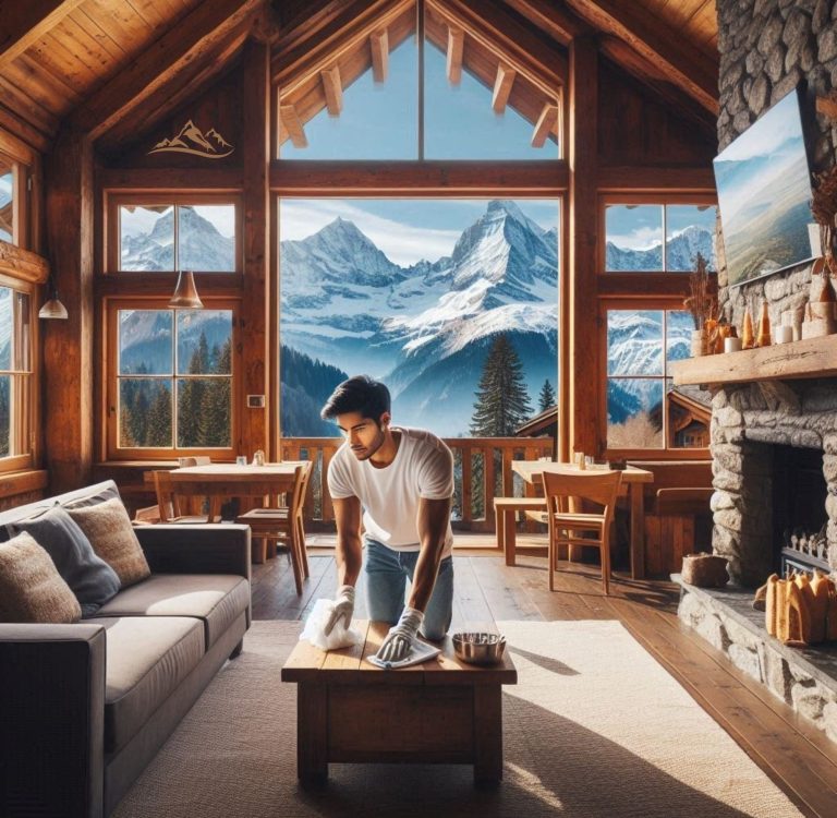 Homme nettoyant un chalet devant la cheminée avec vue sur des montagnes enneigées.