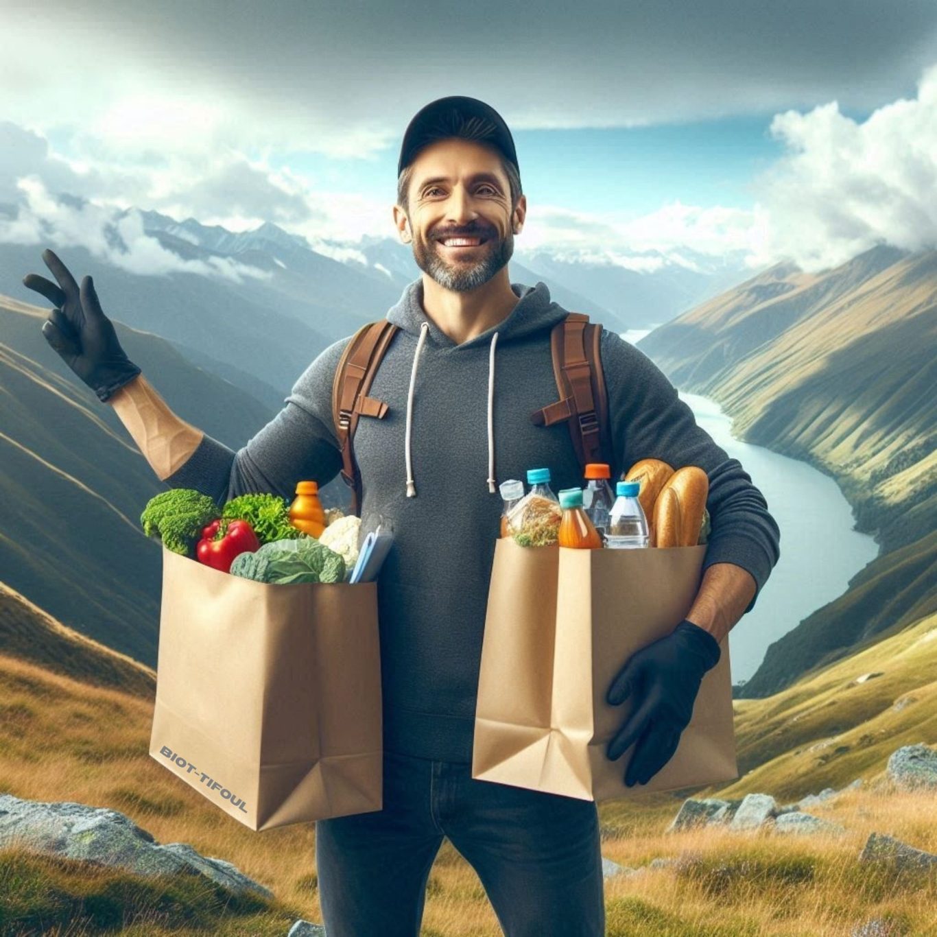 Homme souriant avec des sacs de courses, paysage de montagne en arrière-plan. Thonon Le Biot Vinzier Abondance La Chapelle d'Abondance