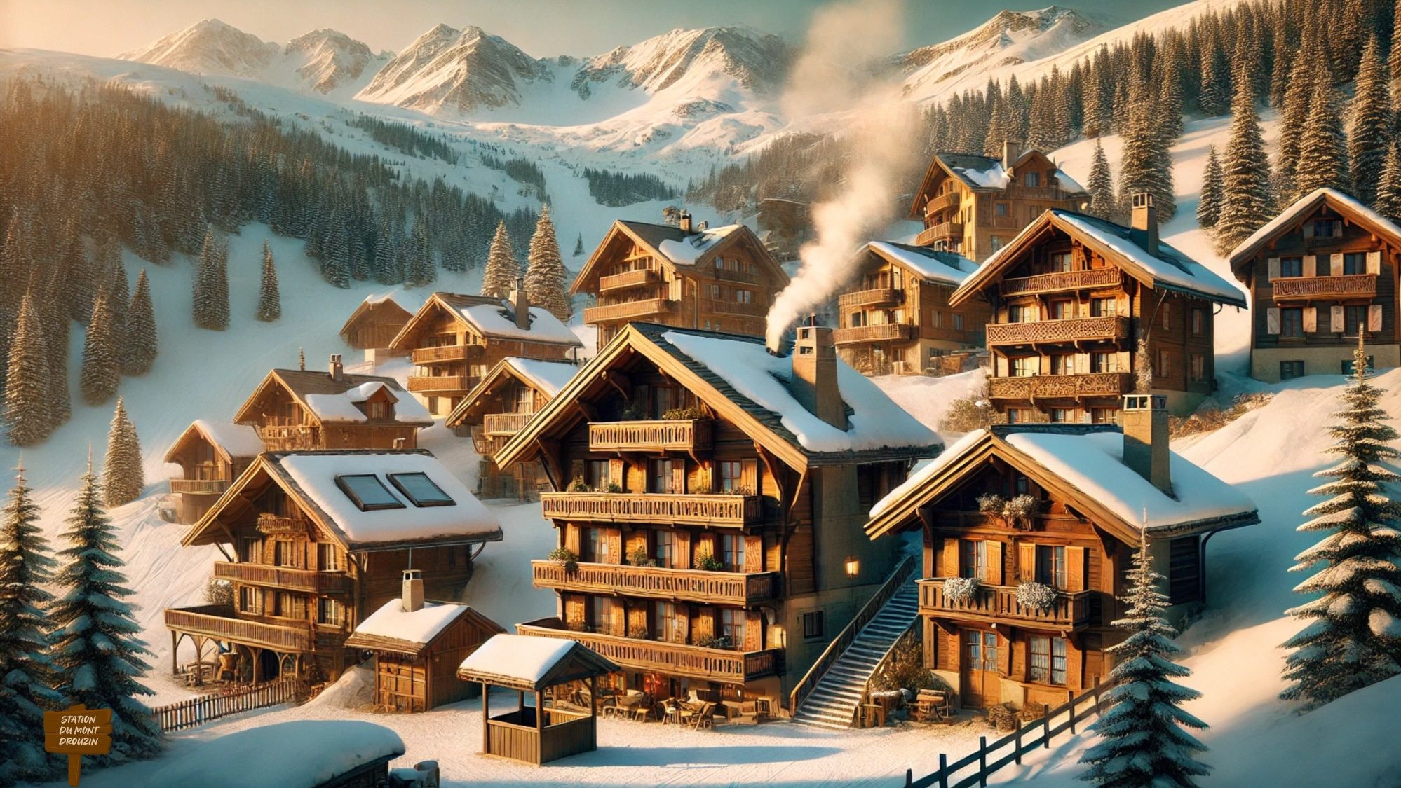 Chalets en bois sous la neige, entourés de montagnes et de sapins, pancarte Station du Mont Drouzin Le Biot Col du Corbier Mont Ouzon